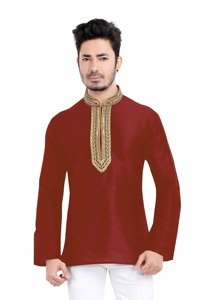 Kurta en coton blanc pour homme, manches longues, couleur unie, col montant, broderie élégante, tenue de mariage, style Inde Pakistan - Product Image 2