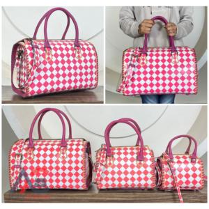 March Expo Designer <b>Hand</b> <b>Tooled</b> Checkered Leather Speedy Bag Premium Genuine Cow Leather Crossbody Duffle Travel Bags for Women - Product Image 1