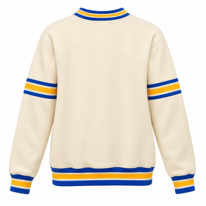 Sudadera con cuello redondo Sigma Gamma Rho Neutral Chenille Crest con bolsillo canguro, azul real, ribete acanalado con rayas doradas, estilo griego - Product Image 4