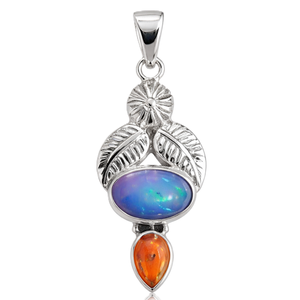 Colgante de Ópalo Azul y Ostra Espinosa Naranja, Colgante de Hoja de Plata de Ley 925, Collar con Colgante Hecho a Mano - Product Image 1