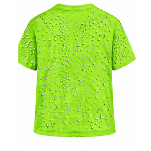 T-shirt unisexe vert néon orné de perles, élégant, à manches courtes, col rond, avec perles décoratives, pour un style décontracté. - Product Image 2