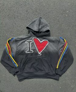 Custom Vintage Sun Faded Sweatsuit Distressed Embroidery Patch Acid Wash Striped Hoodies and Sweatpants Set <b>Tracksuits</b> - Product Image 2