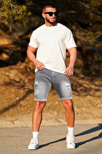 Shorts en jean déchiré pour homme, taille mi-haute, en coton, style décontracté d'été, coupe droite, gris délavé - Product Image 5