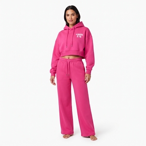 Conjunto de Sudadera Corta con Capucha y Cordón Ajustable Rosa para Mujer y Pantalones Deportivos de Pierna Ancha, en Felpa de Algodón, Estilo Casual - Product Image 4