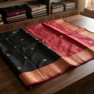 Traditional Handloom <b>Red</b> and Black Sari Indian Ethnic Style Modal Organza Silk Suit for Festivals Parties Soft Affordable - Product Image 5