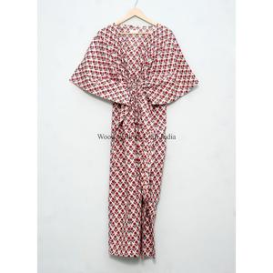 เสื้อคลุมยาวคอวีผ้าฝ้ายออร์แกนิค 100% ลายพิมพ์บล็อกดอกไม้ สำหรับผู้หญิงอินเดีย สวมใส่สบายในฤดูร้อนและฤดูใบไม้ร่วง - Product Image 6