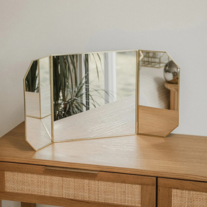 Gold Framed Tri-Fold Mirror Modern Decorative Desktop Makeup Tabletop Mirror With <b>Magnifying</b> Feature Home Use - Product Image 1