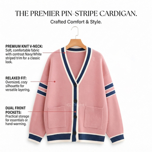 <span class=keywords><strong>Cardigan</strong></span> in maglia rosa con scollo a V in acrilico della confraternita Cosh International, con bordo a contrasto <span class=keywords><strong>blu</strong></span> e tasche, a maniche lunghe - Product Image 6