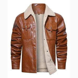 Chaqueta de Cuero Marrón para Hombre, Forrada con Sherpa, Cuello de Sherpa, Corte Regular, Sin Cremallera, Botones Frontales, Chaqueta de Motociclista para Invierno - Product Image 2