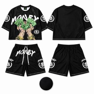 Custom Men Money Print <b>Mesh</b> T Shirt Cargo Shorts Set 2 Piece Summer Streetwear Hip Hop Outfit Breathable Polyester <b>Top</b> Wear - Product Image 4