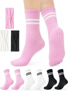 4 Pairs Pilates Grippy Socks for Women, <b>Long</b> Non <b>Slip</b> Yoga Socks with Grips Crew Socks for Pilates Barre Hospital - Product Image 1