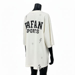 Camiseta de algodón de alto gramaje para mujer, corte holgado, color crema, estilo urbano, con dobladillo desgastado y estampado gráfico con logo. Camisetas holgadas de algodón para mujer. - Product Image 5