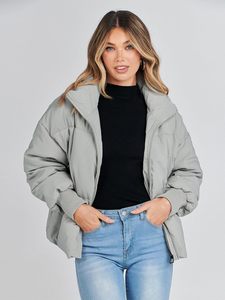 Women's Cream Quilted Puffer Jacket Full Sleeve <b>Stand</b> Collar Zipper Closure Solid Color Winter Thick <b>Coat</b> - Product Image 4