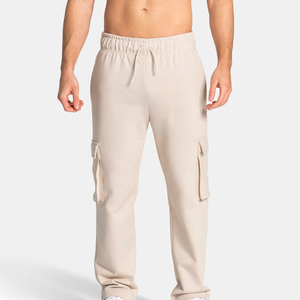 Ensemble décontracté pour homme de qualité supérieure, haut à manches longues beige à col rond avec pantalon cargo à taille élastique et multi-poches, tenue d'automne, vente en gros - Product Image 2