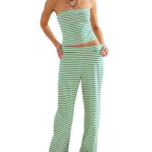 Sexy Ladies Loungewear Women's Green <b>White</b> Striped <b>2</b> <b>Piece</b> <b>Set</b> Strapless Top Full Length Pants Casual Spring Summer Women <b>Sets</b> - Product Image 1