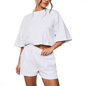Conjunto de Verano para Mujer, Top Corto con Hombros Caídos y Pantalones Cortos con Cordón en la Cintura, Color Sólido, 100% Algodón, Venta Caliente - Product Image 1