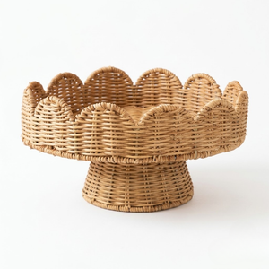 Luxury Style Rattan Pedestal Tray Round Scalloped Design Woven Material Cake Display Home Kitchen Storage Wholesale - Product Image 3