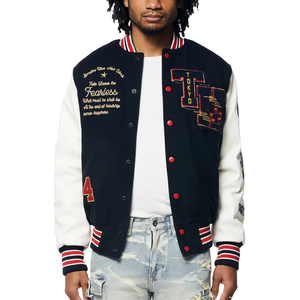 Veste universitaire américaine sur mesure avec mélange de laine couleur blush et tissu en cuir avec patchs décoratifs en chenille - Product Image 1