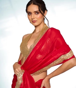 Traditional <b>Red</b> Rayon Silk Saree with Gold Embellished Border and Unstitched <b>Blouse</b> for Wedding and Party Wear - Product Image 1