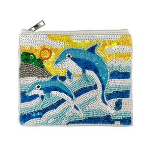 Monedero con cuentas Ocean Sunrise, Bolso de mano con diseño de delfín y onda, Bolso de arte marino con lentejuelas, Pequeño bolso de playa azul, Regalo para resort y viajes, Cremallera grande - Product Image 2