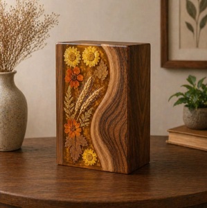 Custom Wood Resin Urn with Dried Flowers and Curved Grain Design, Handmade <b>Memorial</b> Ashes <b>Box</b>, Engraved Keepsake Gift - Product Image 4
