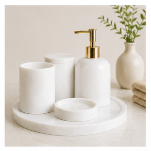 Ensemble d'accessoires de salle de bain en marbre blanc artisanal, ensemble de bain en pierre naturelle avec distributeur de savon à pompe doré pour hôtels et maisons - Product Image 6
