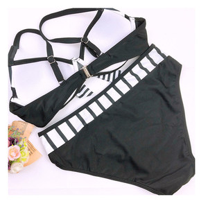 Women's Bikini Set <b>Crossed</b> Halter <b>Top</b> High Waist Bottom Striped Contrast Binding Spandex Polyester Stretch Swimwear - Product Image 3