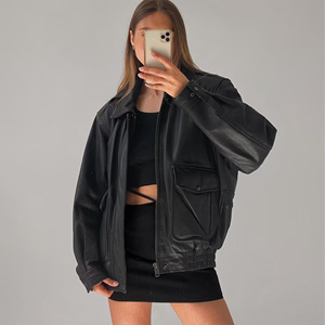 Women's <b>Black</b> PU Leather Bomber <b>Jacket</b> Full Sleeve Turn-down Collar Zipper Closure Autumn Style Windproof - Product Image 1