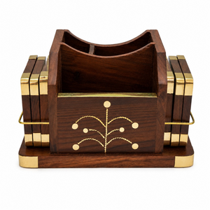 Handmade Indian Rosewood Stationery Rack with Coasters | Brass Inlay Wooden Desk Organizer <b>Pen</b> Holder Gift Set Premium Artisan - Product Image 1