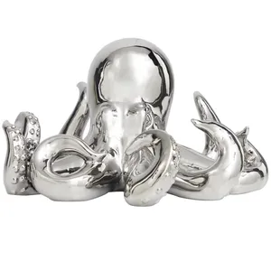 Figurine de pieuvre plaquée argent en alliage de zinc poli, décoration d'intérieur, 6,60x11,70 pouces, artisanat métallique sur le thème des animaux - Product Image 4