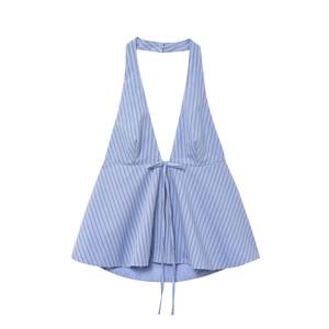 Débardeurs et caracos pour femmes, nouvelle mode chic décontractée, col noué, style vintage, printemps, dos nu, avec décorations en ruban, en tissu mousseline sur le devant - Product Image 2