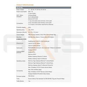 EB-200-MG โมดบัสเกตเวย์ RS232 RS485 อีเธอร์เน็ต โมดบัส TCP RTU ASCII สำหรับการรวมระบบ SCADA และการตรวจสอบอุตสาหกรรม - Product Image 2