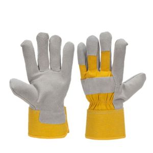 ถุงมือทำงานหนังวัวสีขาวแบบแยกส่วน ป้องกันเส้นเลือดฝอยที่ฝ่ามือ บุผ้าฝ้ายสีเหลืองด้านหลังฝ่ามือ พร้อมปลอกข้อมือเพื่อความปลอดภัย ใช้งานได้ทนทาน - Product Image 1