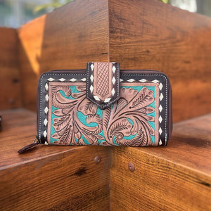 Cartera con acento turquesa de cuero labrado a mano al por mayor más nueva para mujer, cartera grande de cuero genuino para tarjetas de crédito - Product Image 4