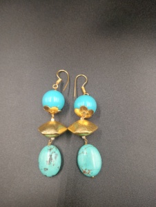 Pendientes colgantes de turquesa, latón chapado en oro, forma de bola, estilo bohemio vintage, joyería para mujer, perla natural, imitación de perla - Product Image 1