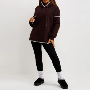 Unisex Brown Hooded Sweatshirt Oversized Long Sleeve Solid Color Knitted Cotton Casual Autumn Wear - Product Image 5