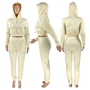 Conjunto de Sudadera Corta Azul Claro para Mujer con Pantalones Jogger a Juego, Color Sólido, Manga Larga, Informal, Transpirable, Tejido de Felpa, 100% Felpa - Product Image 5