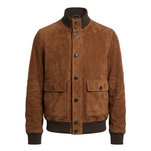 Blouson aviateur en cuir véritable marron A1 pour homme, doublé en polaire, séchage rapide, col montant, décontracté pour l'hiver - Product Image 1