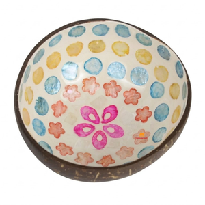 Bol en noix de coco incrusté de nacre, rond, motif floral coloré, fait main, décoratif, pour service, vente en gros - Product Image 1