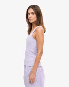 Camiseta sin mangas de punto minimalista para mujer, color lila, cuello redondo, color sólido, informal, transpirable, longitud regular, 100% algodón - Product Image 3