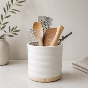 Premium Ceramic Utensil Holder Ribbed Texture Dual Tone Glaze High <b>Fired</b> Durable Kitchen Counter Storage Organizer - Product Image 1