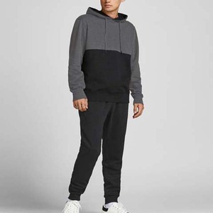 Survêtement à capuche pour homme, gris et noir, avec blocs de couleur, manches longues, coupe décontractée, polyester et coton, pour l'automne, avec poches latérales - Product Image 4