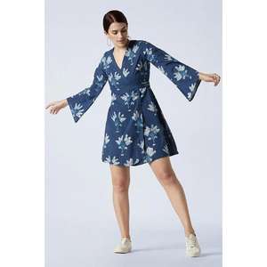 Minivestido azul con estampado floral para mujer, cuello en V, manga acampanada, vestido informal para fiesta - Product Image 1