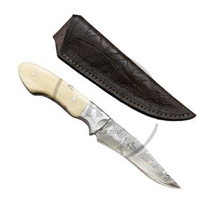 Cuchillo de Caza y Camping Personalizado Hecho a Mano de Acero Inoxidable VG10 y Acero de Damasco con Mango de Hueso, Hoja Fija 56HRC, Funda de Cuero y Espiga Completa - Product Image 1