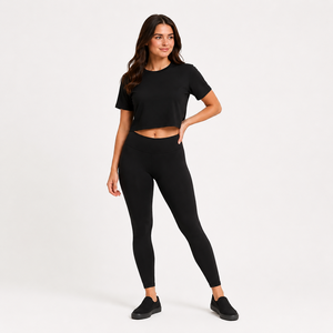 Women Black <b>Cropped</b> T-Shirt Short Sleeve O-Neck Slim Fit Casual <b>Top</b> And Legging Breathable Knitted Spandex Polyester All Seasons - Product Image 1