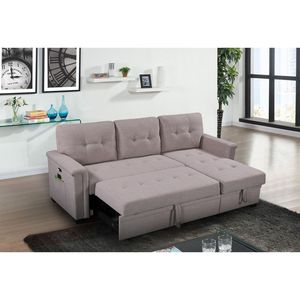 Ashlyn 84\" Light Gray Reversible <b>Sleeper</b> Sectional <b>Sofa</b> with Storage Chaise USB Charging Ports Pockets USB Charging <b>Sofa</b> Beds - Product Image 3