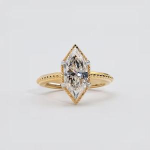Bague de fiançailles et de mariage solitaire en or jaune avec diamant taille marquise néerlandaise, sertie à griffes, d'inspiration vintage - Product Image 4