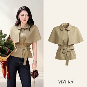 Blusa Elegante Color Caqui con Cuello Peter Pan y Cinturón de Tela a Juego para Mujer, Estilo Casual de Oficina para Otoño e Invierno, DARCY - Product Image 1