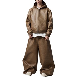 Men's Brown Leather Hooded Tracksuit Set Full Length Loose Fit Streetwear Solid Color Zipper Closure Side Pockets - Product Image 1