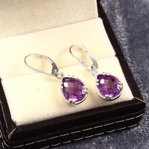 Boucles d'oreilles pendantes en argent sterling faites à la main, améthyste goutte d'eau, pierre de naissance de février, pierre précieuse violette, bijoux élégants - Product Image 2
